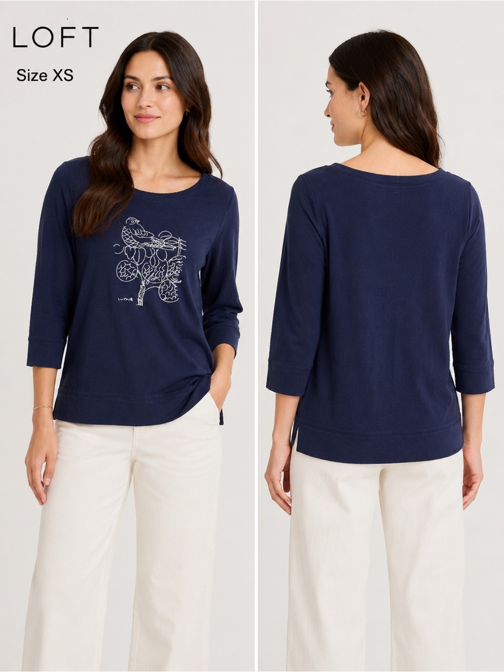 LOFT Navy Bird Graphic Top Size XS 3/4 Sleeve Casual Lightweight Tee